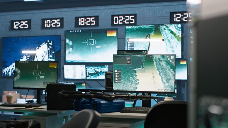 Photo gratuit base militaire d'opérations vide avec des systèmes radar