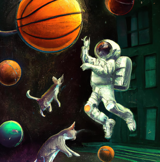 Photo gratuite basket-ball d'astronaute avec chat dans l'espace illustration le concept de technologie isolée dessin animé plat