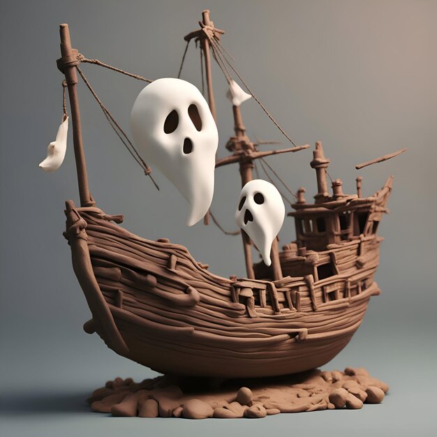 Bateau pirate avec deux fantômes sur fond gris rendu 3d