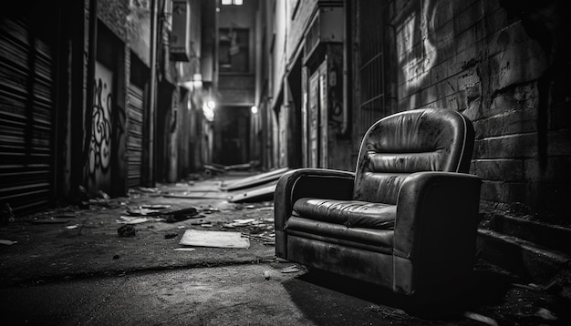 Photo gratuite un bâtiment abandonné comprend une chaise effrayante dans un couloir sombre généré par l'ia