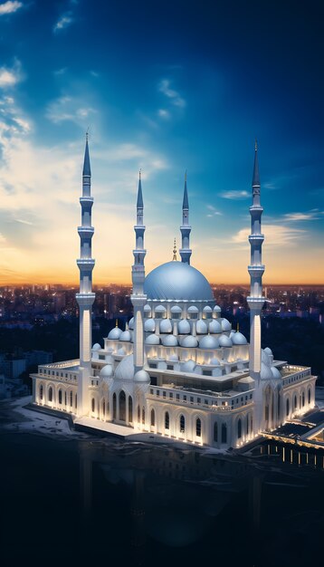 Bâtiment et architecture complexe de la mosquée avec un paysage céleste et des nuages