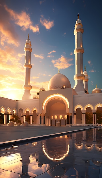 Bâtiment et architecture complexe de la mosquée avec un paysage céleste et des nuages