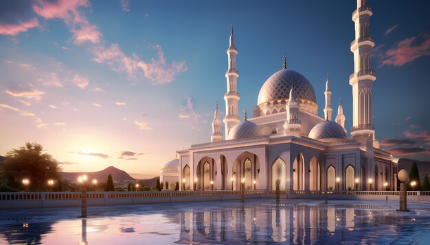 Bâtiment et architecture complexe de la mosquée avec un paysage céleste et des nuages