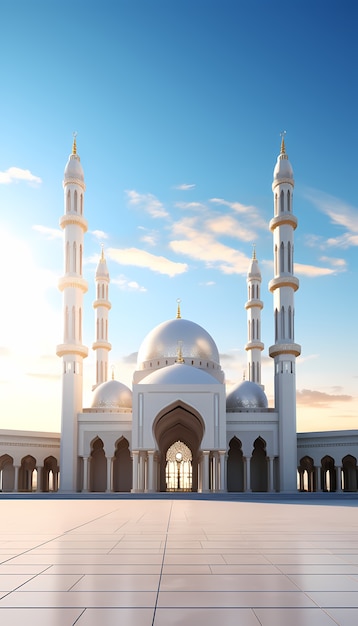Bâtiment et architecture de mosquées complexes avec un paysage céleste et des nuages