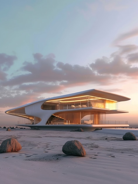 Le bâtiment futuriste se confond parfaitement avec le paysage désertique.