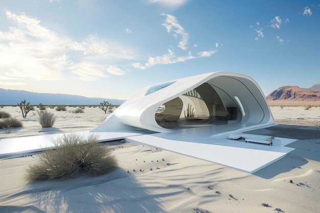 Le bâtiment futuriste se confond parfaitement avec le paysage désertique.