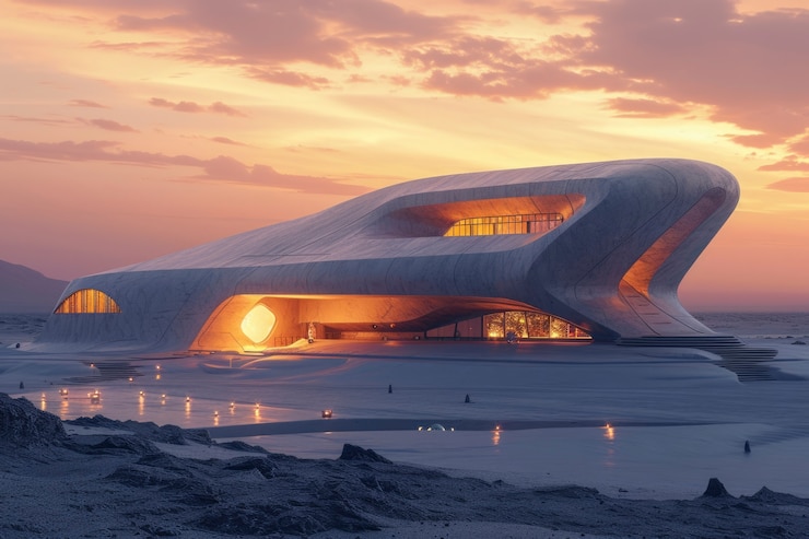 Photo gratuit le bâtiment futuriste se confond parfaitement avec le paysage désertique.