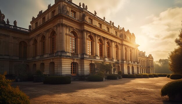 Bâtiment majestueux en grès illuminé au crépuscule généré par l'IA