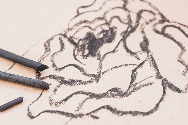 Photo gratuit bâton de charbon de bois noir de l&#39;artiste avec un dessin sur fond uni