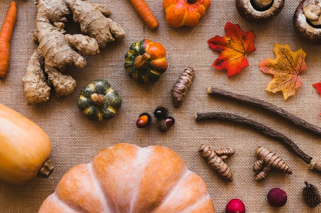 Bâtons et feuilles au milieu des légumes