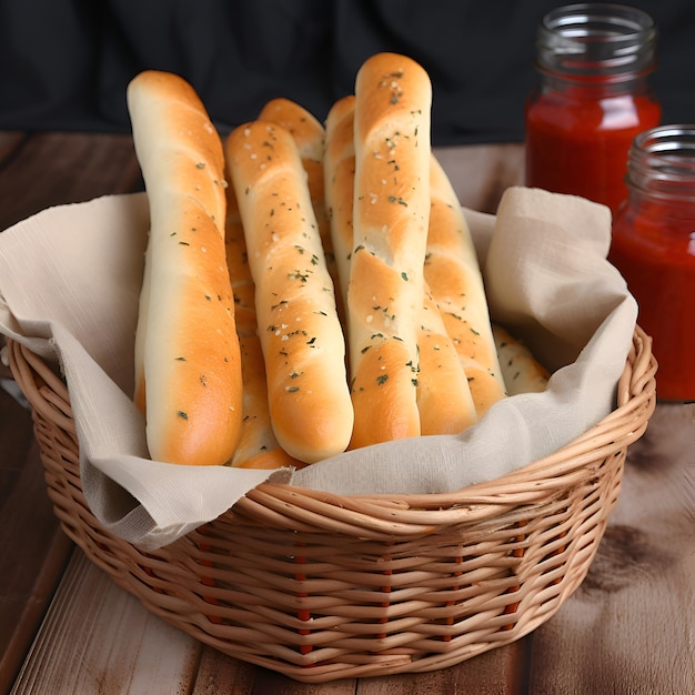 Des bâtons de pain avec des herbes dans un panier sur une table en bois