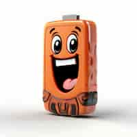 Photo gratuite batterie orange dessin animé avec un smiley sur un fond blanc