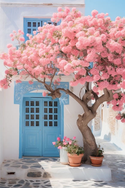 Beau arbre avec des fleurs roses