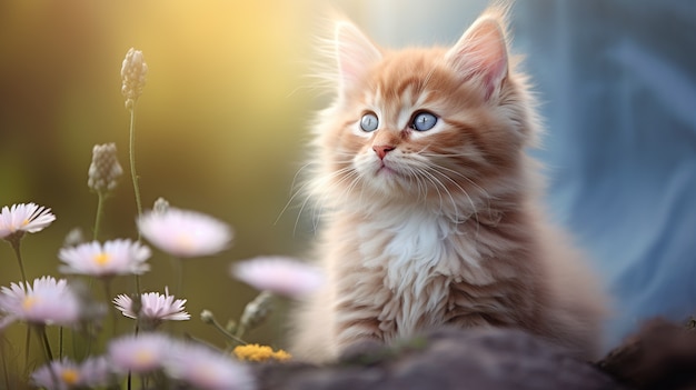 Photo gratuite beau chaton avec des fleurs à l'extérieur