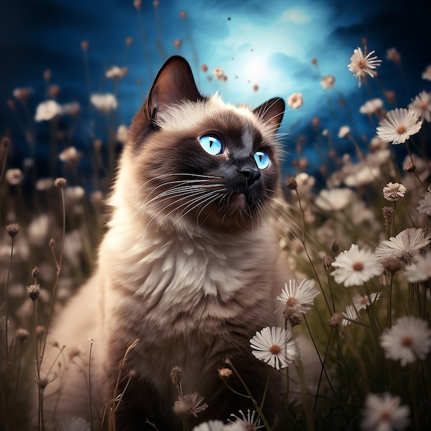Photo gratuite beau chaton avec des fleurs à l'extérieur