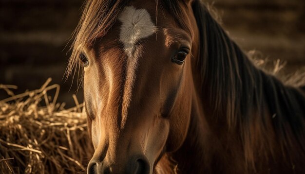 Beau cheval bai broutant dans un pré tranquille généré par l'IA