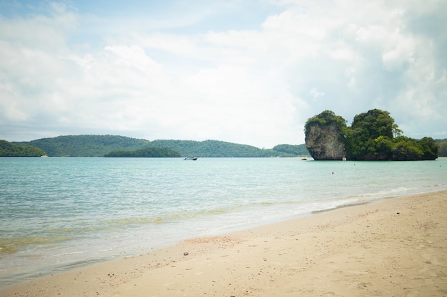 Beau cliché du rivage avec des rochers dans l'eau et des montagnes au loin