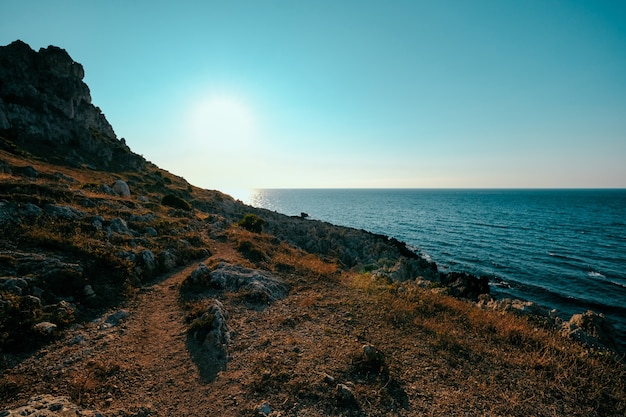 Photo gratuite beau coup de colline d'herbe sèche et falaise près de la mer avec un ciel bleu clair