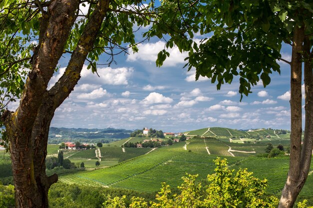 Beau coup de collines verdoyantes et de bâtiments au loin sous un ciel bleu nuageux