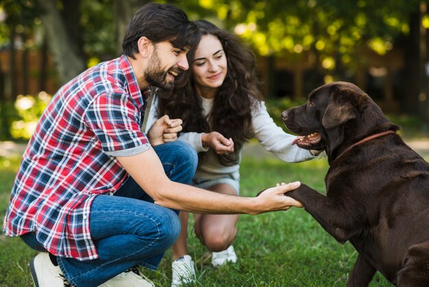 Beau couple aimant leur chien dans le parc