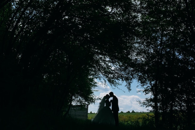 Beau couple dans les bois sur fond de dégagement de forêt sur le terrain