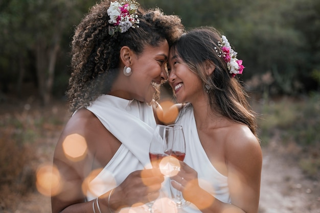 Un beau couple de lesbiennes fête leur jour de mariage à l'extérieur.