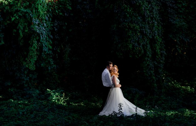 Beau couple de mariage amoureux est debout entouré de lierre vert à l'extérieur, étreignant