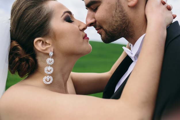 Beau couple de mariage marche sur le champ vert