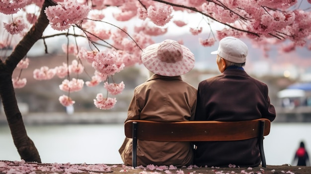 Photo gratuite un beau couple de personnes âgées se repose sur un banc dans un parc printanier en admirant le lac et les cerisiers en fleurs