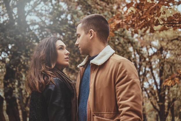 Beau couple profite d'une promenade d'une journée au parc d'automne