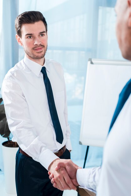 Beau jeune homme d&#39;affaires, serrant la main de son partenaire masculin au bureau