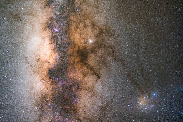 Beau noyau galactique de la voie lactée avec le complexe de nuages Rho Ophiuchi. Photographie longue exposition.