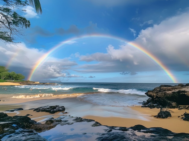 Photo gratuite beau paysage avec un arc-en-ciel sur une plage