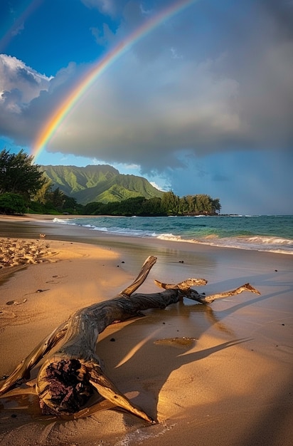 Photo gratuite beau paysage avec un arc-en-ciel sur une plage