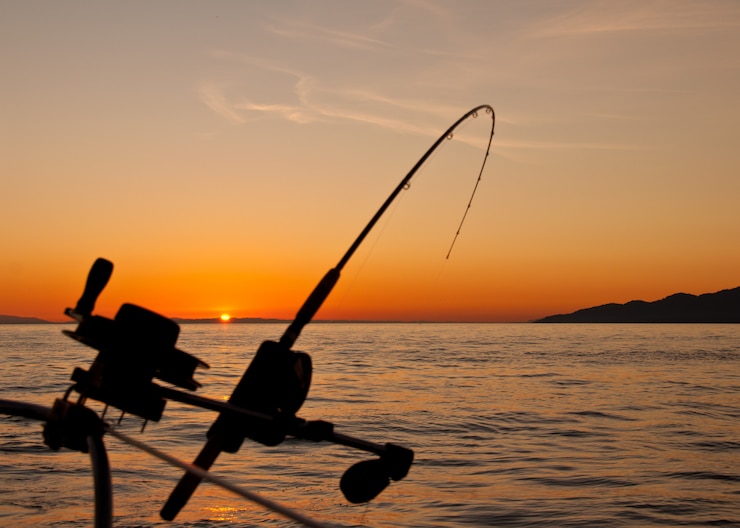 Photo gratuit beau paysage coucher de soleil avec une canne à pêche