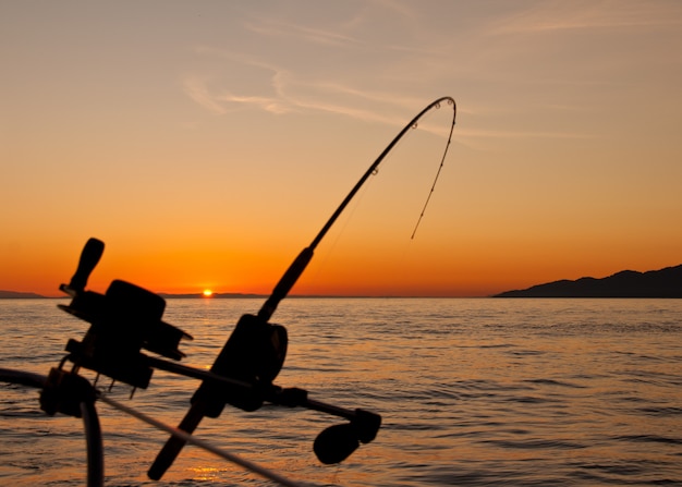 Beau paysage coucher de soleil avec une canne à pêche