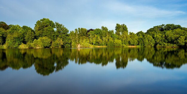 Beau paysage d'un lac avec le reflet des arbres verts environnants