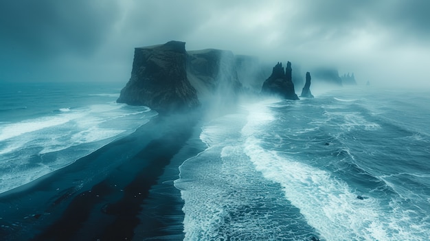 Photo gratuite beau paysage naturel avec une plage de sable noir et l'océan