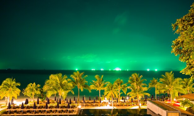 Beau paysage avec des palmiers et ciel vert