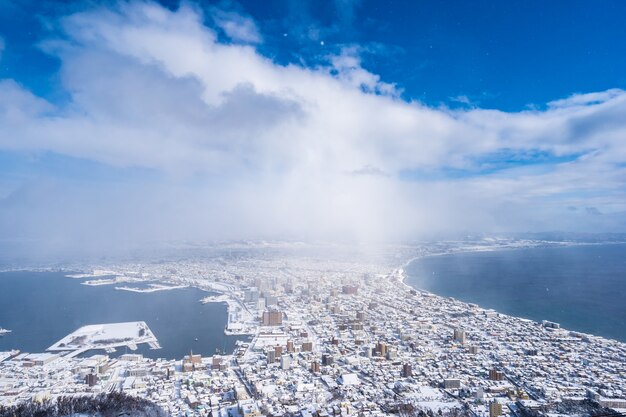 Beau paysage et paysage urbain de montagne Hakodate pour regarder autour des toits de la ville