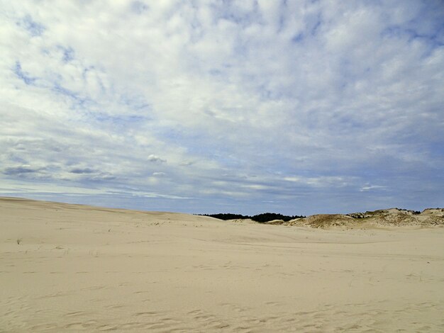 Beau paysage d'une plage de sable sous un ciel nuageux à Leba, Pologne