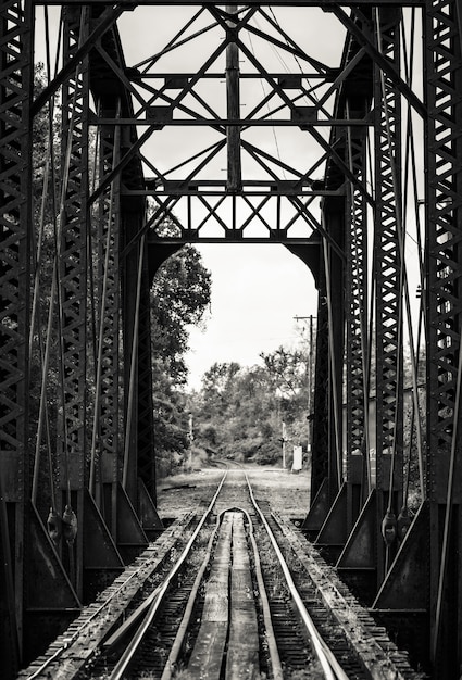 Beau tir noir et blanc d'un chemin de fer sur un pont métallique