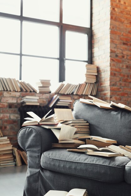 Beaucoup de livres sur le canapé. Personne