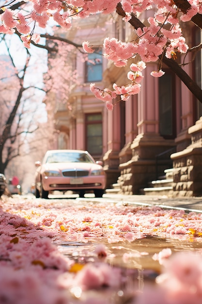 De beaux arbres en fleurs dans la ville au printemps