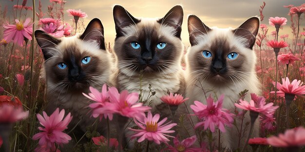 Beaux chatons avec des fleurs à l'extérieur