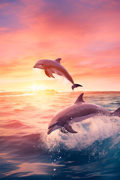 Photo gratuite beaux dauphins nageant au coucher du soleil