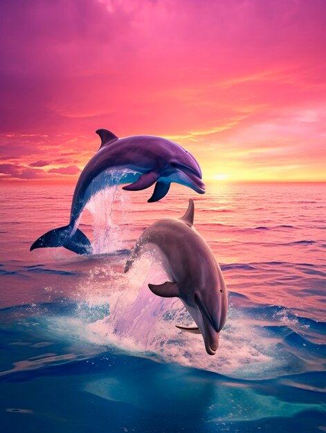 Beaux dauphins nageant au coucher du soleil