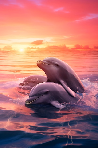 Photo gratuite beaux dauphins nageant au coucher du soleil
