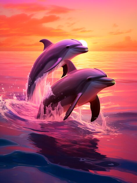 Beaux dauphins nageant au coucher du soleil