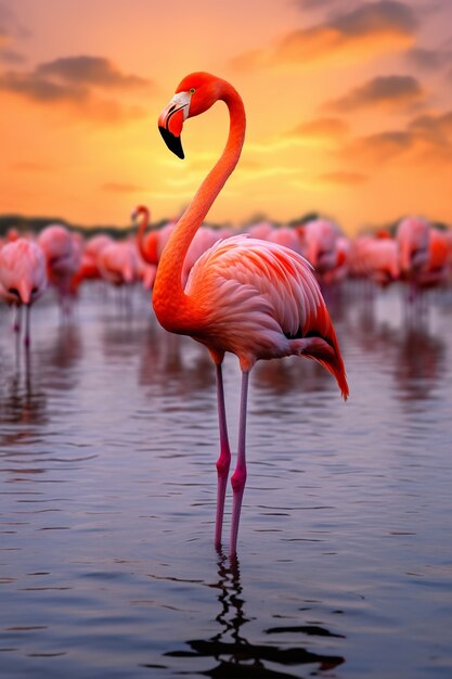 Beaux flamants roses dans le lac